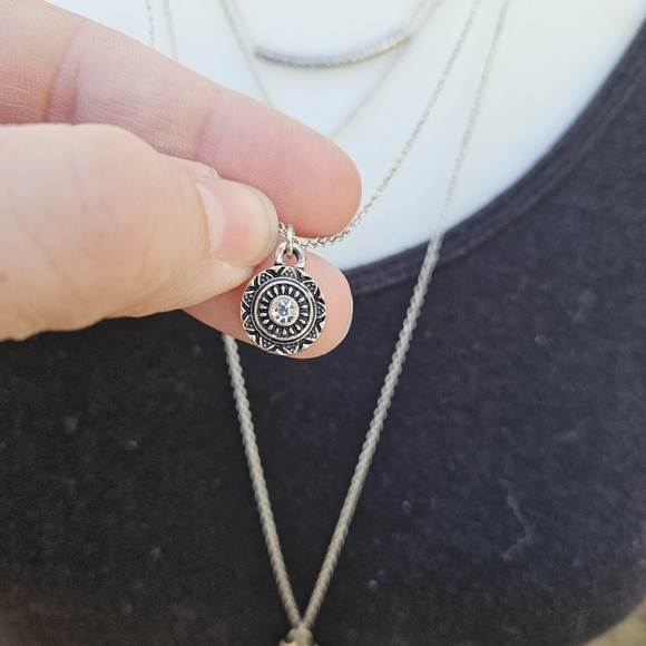 silver tone layered necklace boho feather rhinestone - Picture 3 of 5